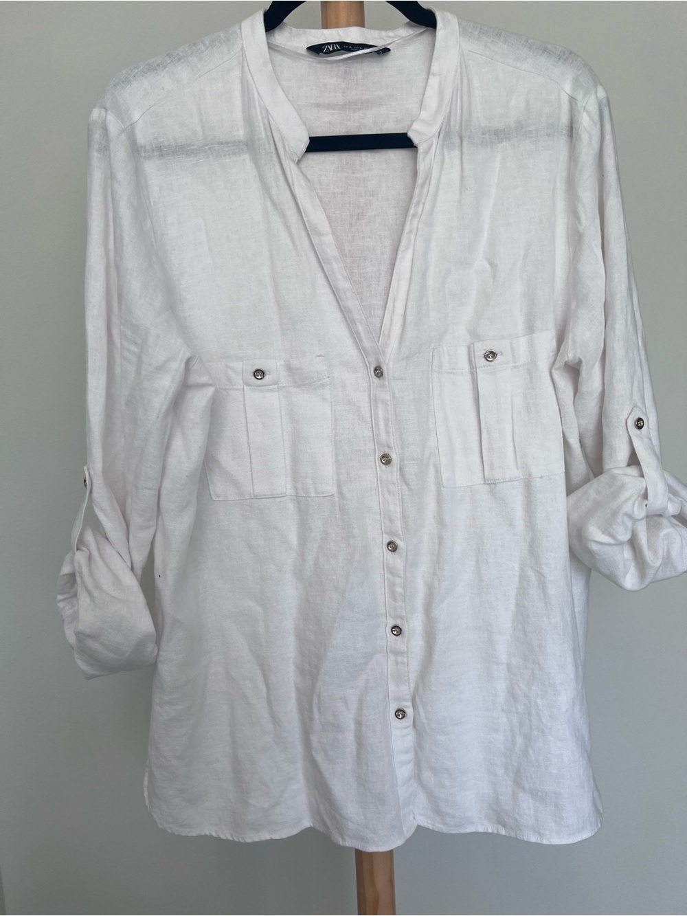 Zara White Linen Blend Button-Down Shirt with Chest Pockets size XL
